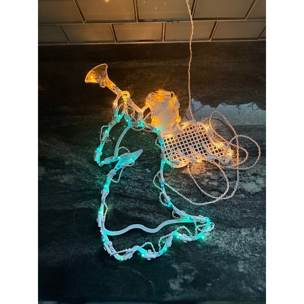 Vintage Lighted Angel Window Silhouette Christmas Decor Teal White Trumpet 17in